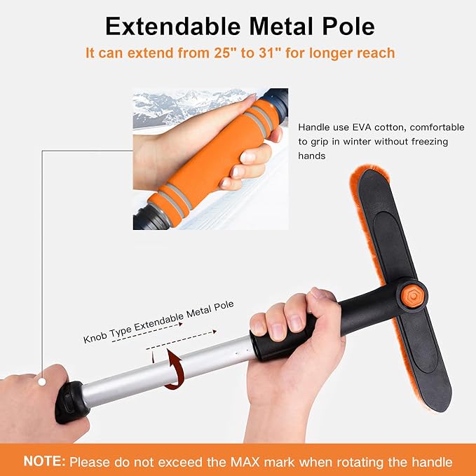 31" Snow Brush and Ice Scrapers for Car Windshield, Detachable Extendable 360° Pivoting Snow Scrapers and Brush with Ergonomic Foam Grip for Car,Truck,SUV(Orange)