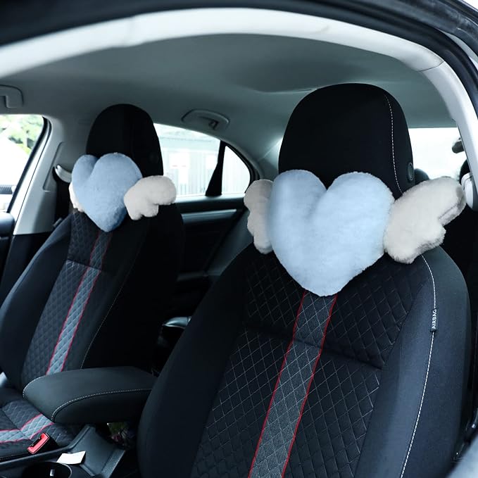 2 Pcs Plush Heart Shaped Pillow with Angel Wings Car Headrest Soft Comfortable Seat Pillow for Driving Travelling Room Office Car Decor, 19.7 x 8.3 Inch(Light Blue)