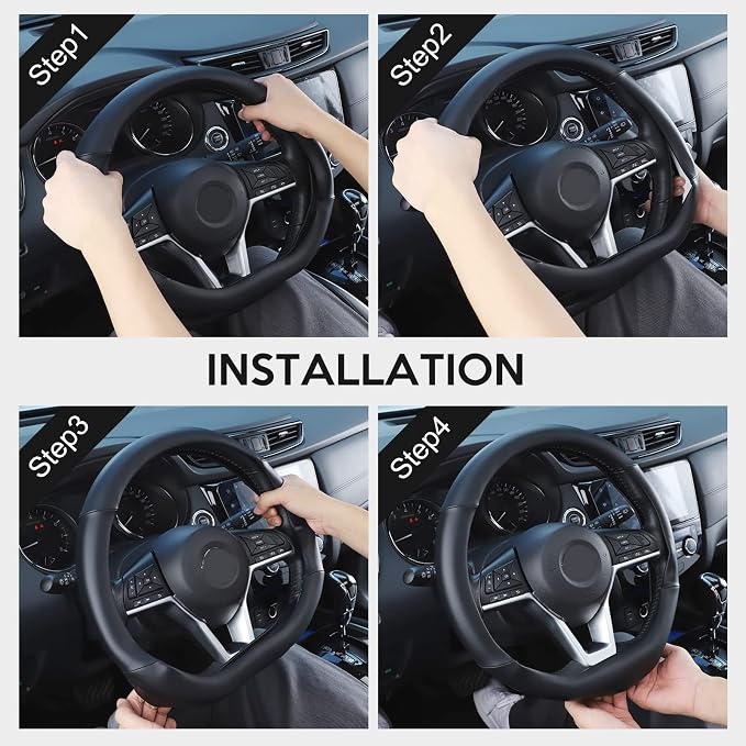 Flat Bottom Steering Wheel Cover, D Shaped Car Wheel Cover 14 1/2-15 in. (37-39 cm), Black Microfiber Leather