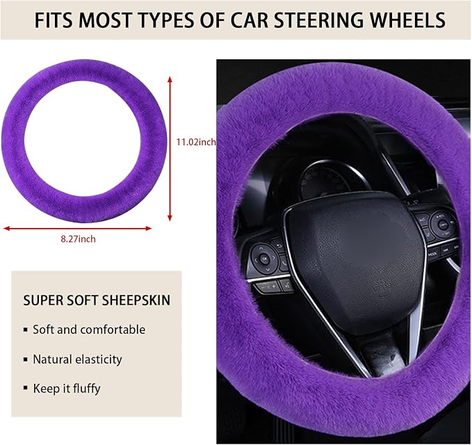 Fuzzy Steering Wheel Cover, 15 inch Soft Wool Fur Steering Wheel Protector, Fluffy Wheel Covers for Winter Warm, Car Interior Decoration Accessories for Women Men (Purple)