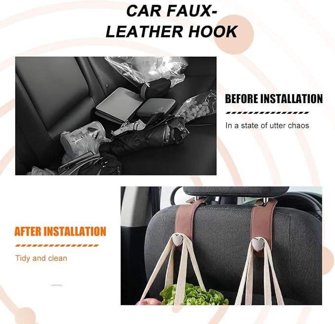 2PCS Car Seat Headrest Hook, Cute Heart Vehicle Backseat Purse Bag Hanger Organizer, Auto Seat Back Storage Holder for Groceries Coats Umbrellas, Universal for Vehicles (Brown)