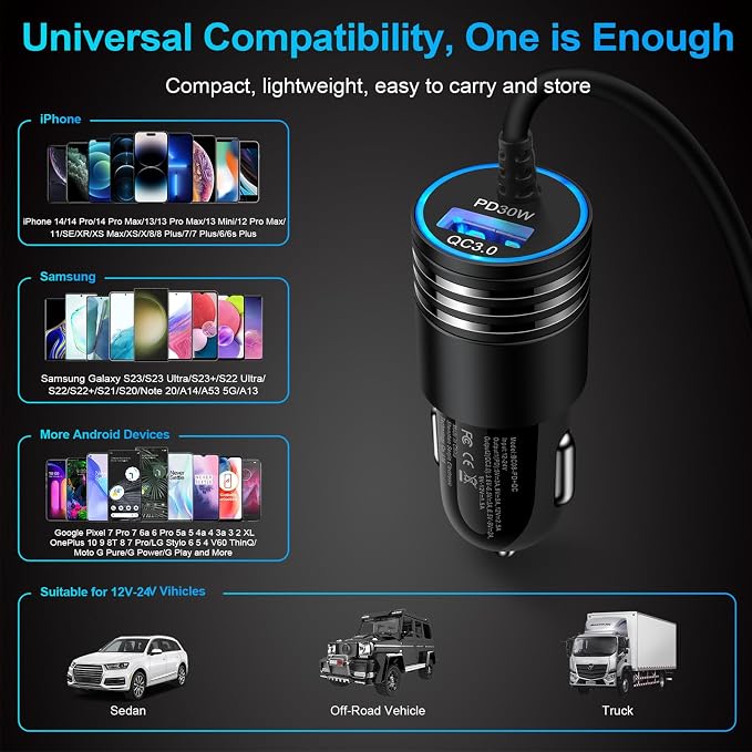 48W Super Fast Car Charger USB C Rapid Android Car Adapter with 30W Built-in Type C Fast Charging Cable for Samsung Galaxy S26 S25 S24 S23 Ultra S22 S21 S20 FE A16 A15 A14 A54 A53 A23 A13 Z Flip 7 6