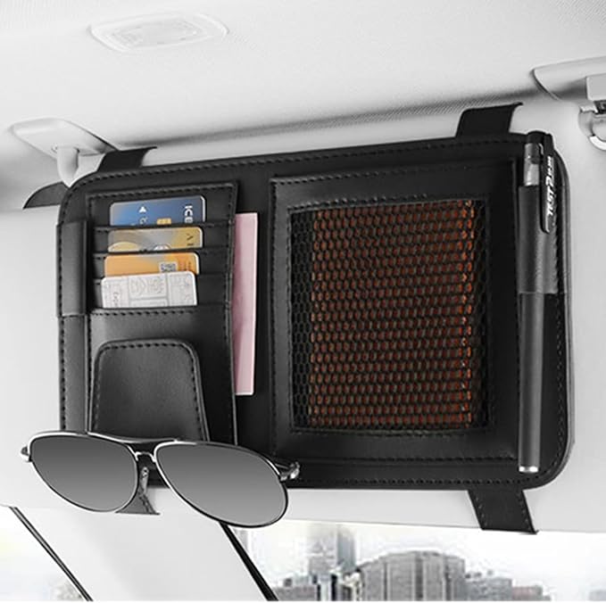 Leather Car Sun Visor Organizer for Or Truck, Sunglasses Holder, Cards Sleeve Pockets Organizer,Visor Document Holder for Car Registration License, Drving License, Insurance, Cards, Pen, Key