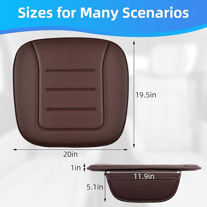Car Seat Cushion, Comfort Memory Foam Car Cushions for Driving, Breathable Leather Surface with Anti Slip Rubber Bottom, Seat Cushion for Car and Office Chair (1 Pack, Brown)