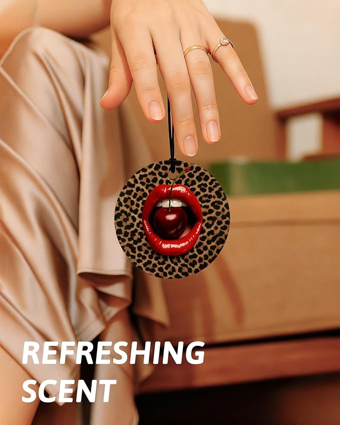 Leopard Print 8 Ball Orange Car Air Freshener 4 Pcs, Funky Cheetah Cherry Lip Round Hanging Air Freshener for Cars Closet Drawer Books, Girly Y2k Car Accessories Mirror Decor for Women