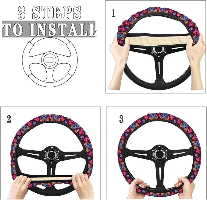 Neon Magic Mushrooms Skull Steering Wheel Covers Anti-Slip Elasticity Car Accessories Steering Wheel Protector Universal 15 Inch for Cars SUV Vehicle Truck