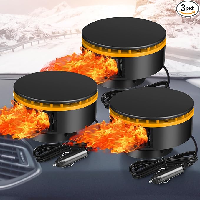 3 Pcs Portable Car Heater 12v Vehicle Heaters 2 in 1 150w Plug in Cigarette Lighter Windscreen Defogger Defroster 360° Fast Heating Cooling Fan Air Circulator for Winter Suv Rv(Yellow)