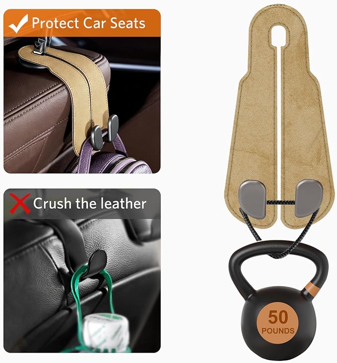 CoBak Purse Hook for Car - Universal Premium Stitched Leather and Aluminum-Magnesium Alloy Double Car Seat Back Storage Hook for Purses, Handbags, Bags (2 Pack),Linen