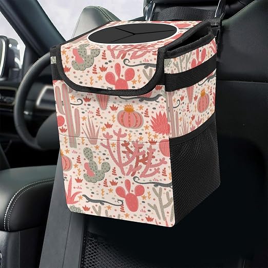 Tropical Cactus Car Trash Can, Waterproof Portable Mini Garbage Bin, Lightweight No-Install Waste Basket for Car Office Home, Cute Multifunctional Car Interior Accessory