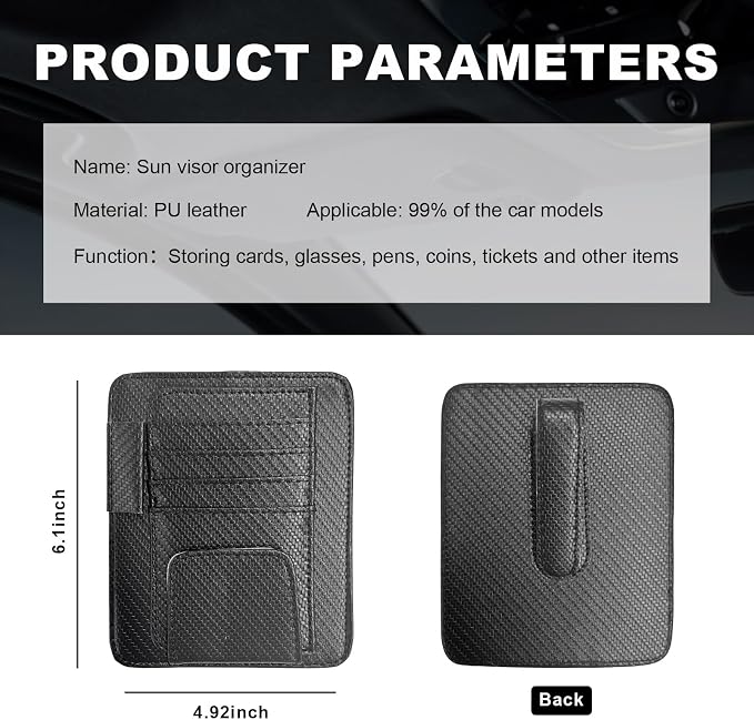 Small Leather Car Sun Visor Organizer, Multifunctional Auto Visor Document Holder with Sunglasses Clip, Universal Car Interior Organizer for Driving License, Card, Pen (Carbon Fiber Black)