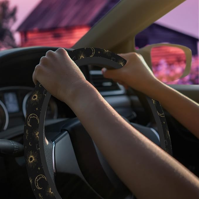 Celestial Sun Moon Star Steering Wheel Cover for Women Men Neoprene Breathable Wheel Cover Protector Anti-Slip Car Accessories Universal 15 Inch Fit for Cars Trucks Vehicles