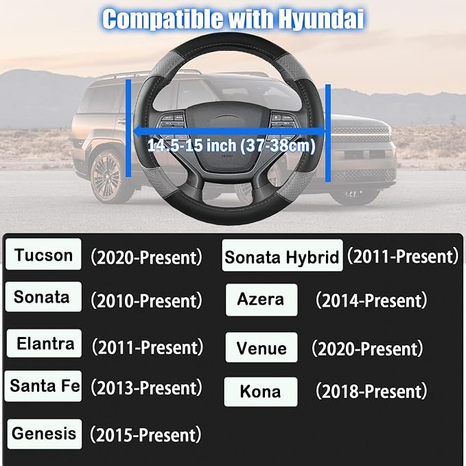 Auto Car Steering Wheel Cover for Hyundai,Tucson,Sonata,Elantra,Santa Fe,Genesis,Sonata Hybrid,Azera,Venue,Kona, 14.5-15 inches(Gray-Standard Size)