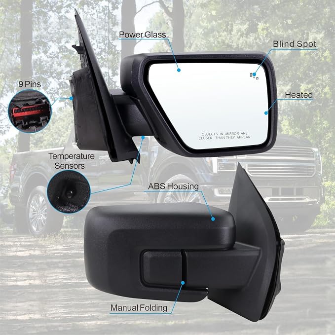 Right Passenger Side Door Mirror Compatible With 2021-2026 Ford F150 With Power Glass Manual Folding Heated Blind Spot Temperature Sensors Matte Black Replace#ML3Z17682VA (9 Pins)