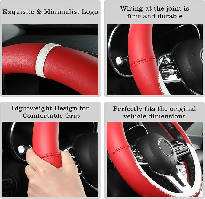 Car Leather Steering Wheel Cover - Panapi Material, Universal 14.5-15 Inch Leather Anti-Slip Breathable Auto Steering Wheel Covers for Men Women (Nappa Leather - Red & White)