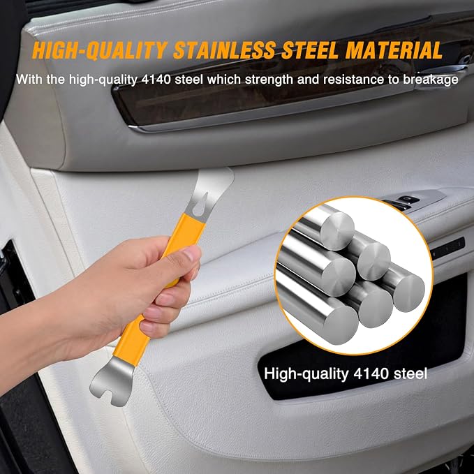 11PCS Trim Removal Tool Kit, Metal & Nylon Pry Tools Set for Car Door Panel, Dashboard, Audio, Clips, Fastener Remover w/Storage Box – Yellow