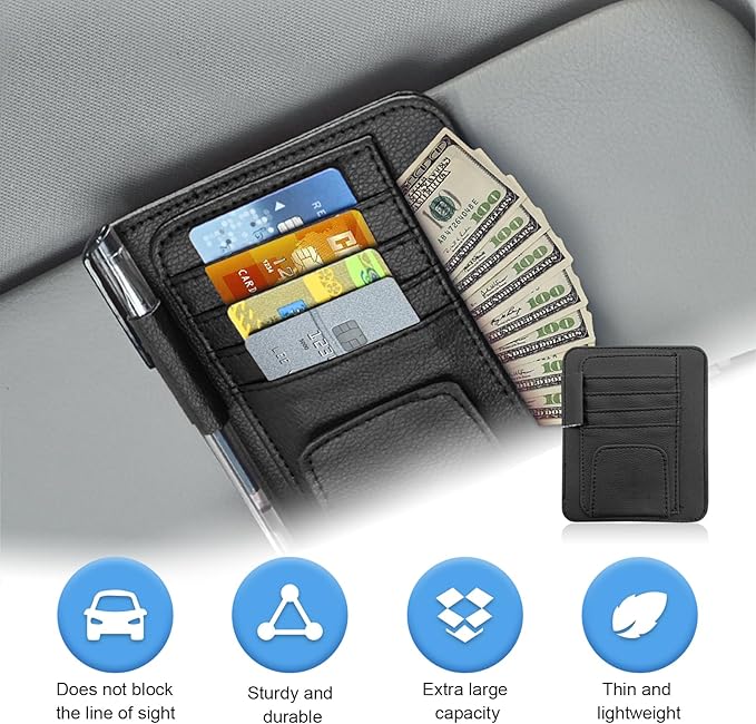 Car Sun Visor Organizer, Small Auto Visor Organizer and Storage, Registration and Document Holder, Vehicle Accessories for Sunglasses, Document, Card, Pen, Driver License (Black)