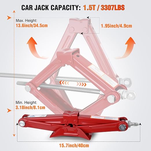 Scissor Jack for Car 1.5 Ton (3307 lbs), Heavy Duty Steel Scissor Lift Jack Car Kit with Crank Handle for Sedan SUV MPV Tire Changing, 3.18''-13.6'' Lifting Range Portable Small Jack, Red