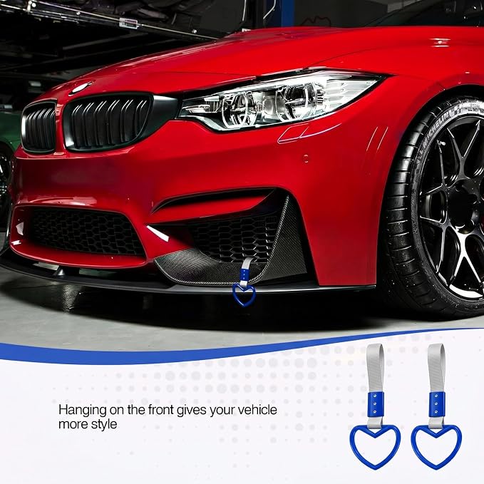 2PCS Heart Shaped Car Handle Straps, Rear Bumper Warning Keychain Ring for Car Exterior Accessories (Blue-Silver)