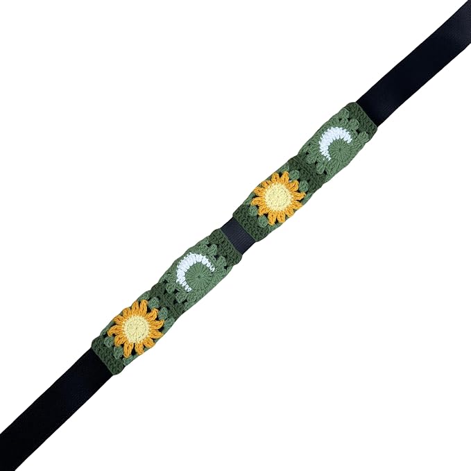 Handmade Crochet Green Moon and Sun Car Steering Wheel Covers Universal 14-15 inch for Women and Men (Steer Wheel Cover+ 2 Belt Cover+2 Coaster)