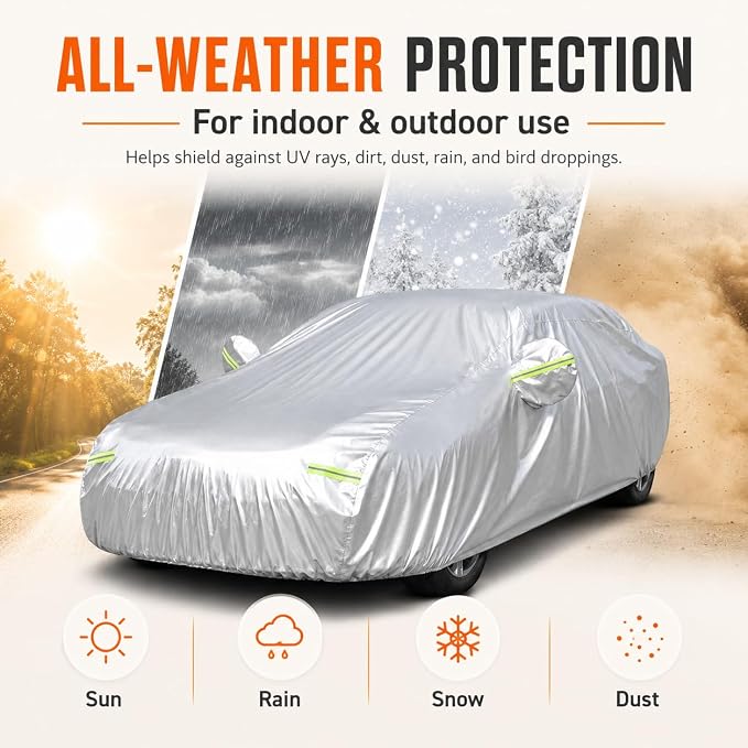Heavy Duty Car Cover 189"×75"×59" Waterproof All-Weather Sedan Cover with Zipper Door+Windproof Straps，UV Snowproof Dustproof Fit for Toyota Corolla Honda Civic VW Jetta Kia Forte Elantra+More