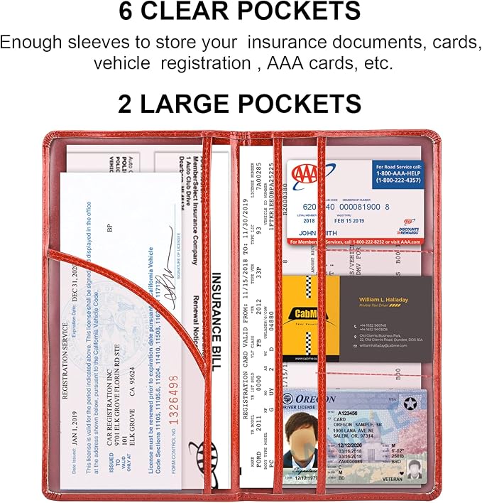 Car Registration and Insurance Holder, Vehicle Glove Box Car Organizer Men Women Wallet Accessories Case with Magnetic Shut for Cards, Essential Document, Driver License, Bling Red