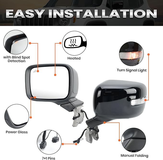 Driver Side Mirror Compatible with Jeep Renegade 2015-2023 Power Glass Heated with Turn Signal Indicator Blind Spot Detection Manual Folding Bright Black Left Door Mirrors (7＋1 Pins)