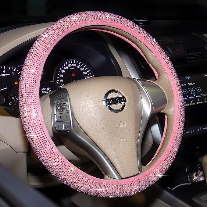 Pink Bling Steering Wheel Cover for Women Sparkly Rhinestone Bedazzled Car Accessories Diamond Cute 15.5-16 inch for Large Size Steering Wheel