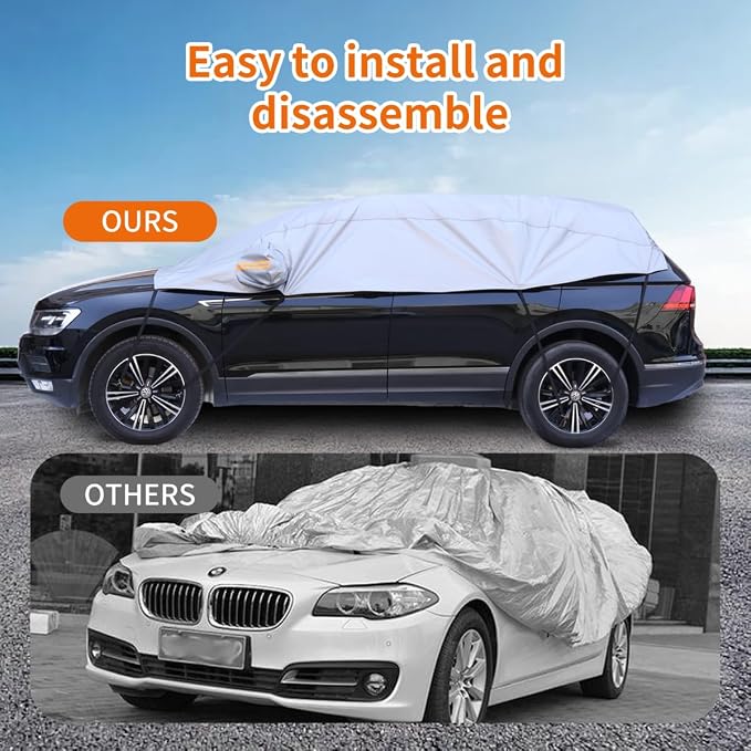 Half Car Cover, Windshield Cover for Ice and Snow with Cotton Liner, Car Cover Waterproof All Weather for Snow, Sun, Rain, Dust, UV Protection Fit SUV M
