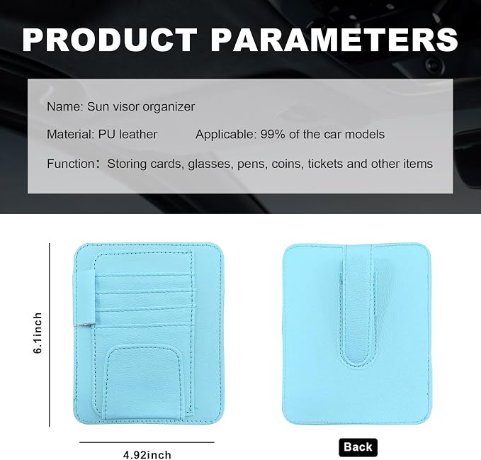 Small Leather Car Sun Visor Organizer, Multifunctional Auto Visor Document Holder with Sunglasses Clip, Universal Car Interior Organizer for Drving License, Card, Pen (Blue)