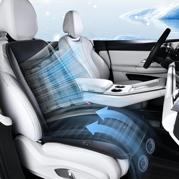 Cooling Car Seat Cover, 12V-24V Ventilated Seat Cushion Cooling Car Seat Pad for Summer Driving with 2 Powerful Turbo Fans 3-Speed Temperature Adjustable Universal Fit for Car SUV Truck Van