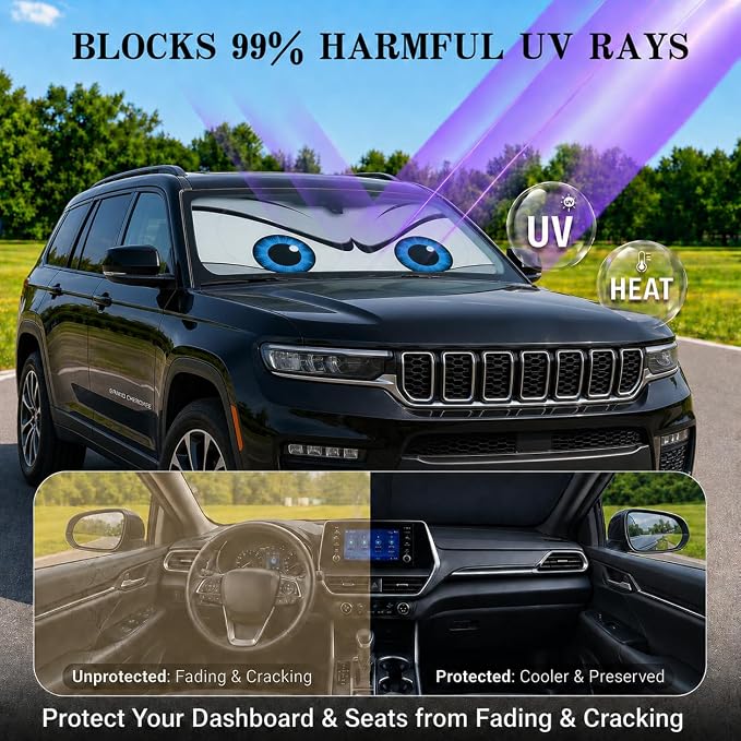 Car Windshield Sun Shade, Universal Fit Midsized Sedan SUV, Cool Gray | 63 x 31.5" Windshield Cover, Foldable Front Window Sunshade, UV Heat Protection, Cute Eyes Series