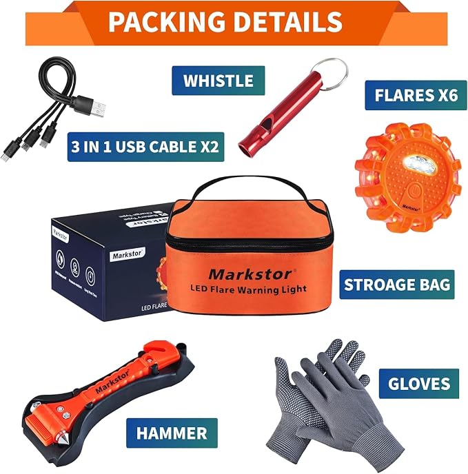 Led Road Flares 6 Pack LED Flares Emergency Kit Recharge LED Flares with Magnetic Roadside Safety Disc Flares Kit with Breaker Whistle for Vehicle