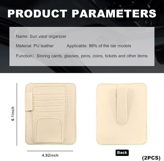 2PCS Small Leather Car Sun Visor Organizer, Multifunctional Auto Visor Document Holder with Sunglasses Clip, Universal Car Interior Organizer for Drving License, Card, Pen (Beige)