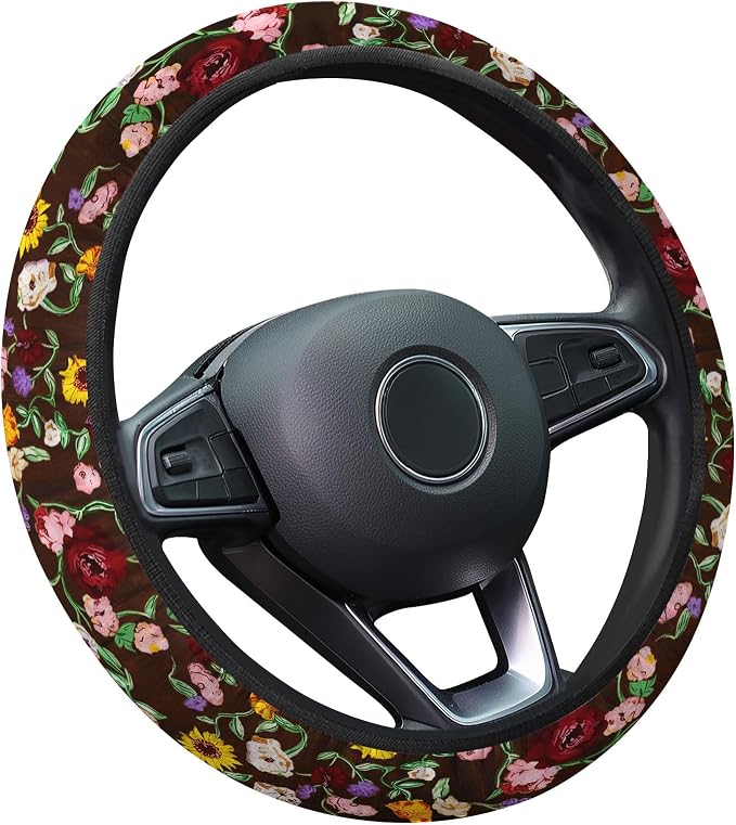 Vintage Floral Music Steering Wheel Cover, Polyester Car Wheel Grip, Universal 15 Inch for Cars SUVs Trucks