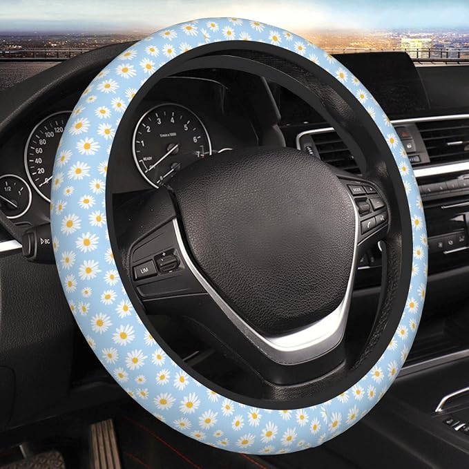 Universal 15 Inch Steering Wheel Cover, Cute Daisy Floral Neoprene Anti-Slip Wheel Protector, Durable & Breathable Car Accessory, Heat & Cold Protection for Most Sedans, SUVs, and Trucks