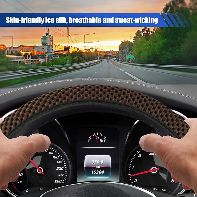 Elastic Stretch Steering Wheel Cover, 15" Breathable Microfiber Ice Silk Steering Wheel Protector, Universal Anti-Slip Car Warm in Winter&Cool in Summer Accessories for Men Women (Coffee)