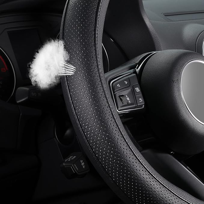 Car Steering Wheel Cover for F-150 Tundra Range Rover Large Size 15.5-16 inch (39.5-41cm) Black Breathable Microfiber Leather