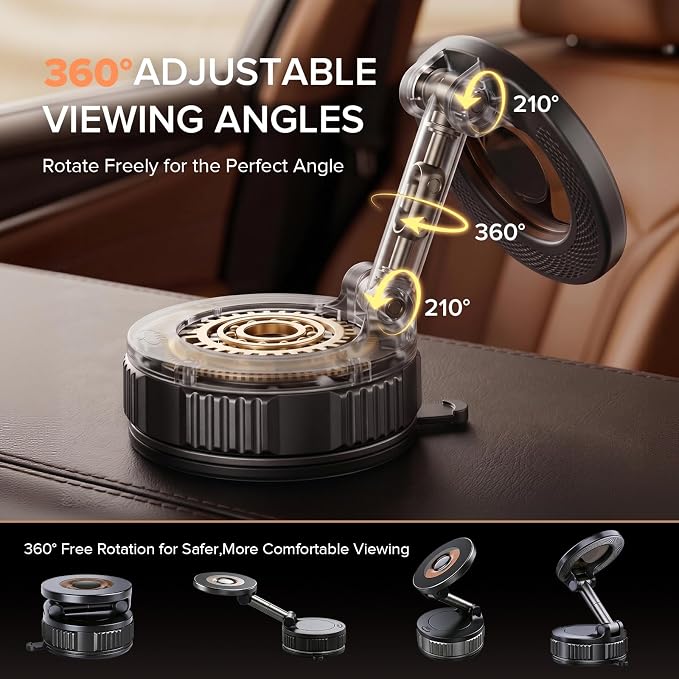 Magnetic Car Phone Mount for MagSafe, 360° Suction Cup Holder | 98lb Vacuum Suction, N55 Magnets, Twist-Lock Nano Gel Cup, Dual-Axis Arm, Foldable Pocket Size, Adjustable, iPhone 12–17