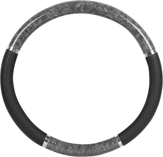Chrome Wood Grain Black & Gray Steering Wheel Cover for Cars, Trucks, Van, SUVs - Elegant and Comfortable Grip Accessories