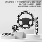 Black and White Cow Fur Print Steering Wheel Cover for Women, Anti-Slip Car Steering Wheel Cover with 2 Pcs Cup Holders Neoprene Breathable Car Accessories Universal 15 Inch Auto Interior Decor