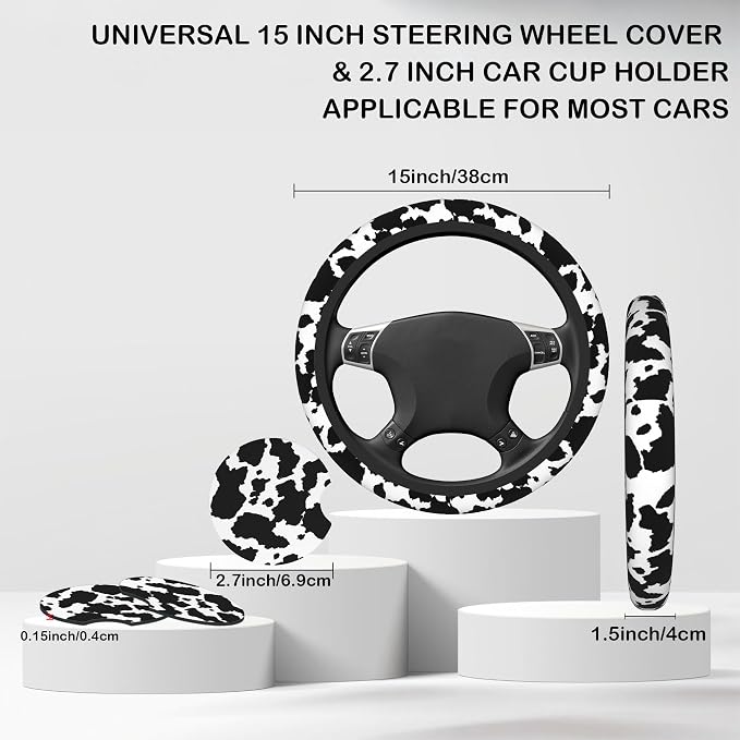 Black and White Cow Fur Print Steering Wheel Cover for Women, Anti-Slip Car Steering Wheel Cover with 2 Pcs Cup Holders Neoprene Breathable Car Accessories Universal 15 Inch Auto Interior Decor