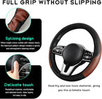 Car Steering Wheel Cover, 15 inch Carbon Fiber Microfiber Leather Elastic Steering Wheel Protector, Breathable Anti-Slip Comfortable Steering Wheel Covers for Most Cars (Black&Khaki, AD)