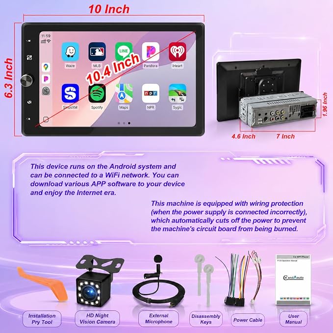 10.4" Rotatable Single Din Car Stereo Touchscreen Radio Wireless CarPlay Android Auto, Bluetooth 5.2 WiFi6 HD 1280 * 800 IPS Display with Backup Camera