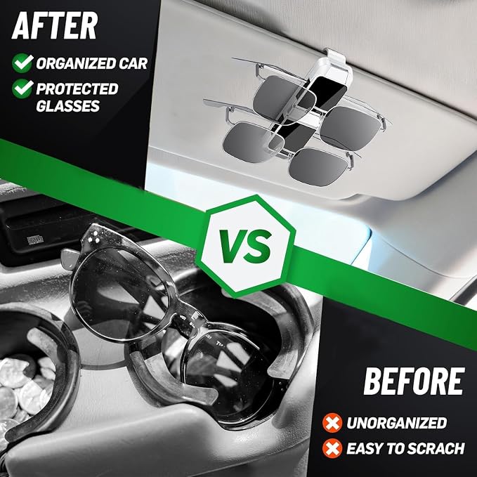 2 Pack Sunglasses Holder for Car, One-Handed-Operation Visor Sunglass Holder Clip, Easy Access Storage for Driving,Universal Fits (Double Holder - White)