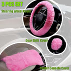 Furry Car Steering Wheel Cover with Fluffy Gear Shift Cover and Center Console Cover, Soft Warm Plush Non-Slip, 14 1/2-15 inch, for Women Girls 3 PCS Set, Pink