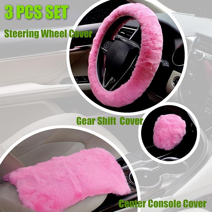 Furry Car Steering Wheel Cover with Fluffy Gear Shift Cover and Center Console Cover, Soft Warm Plush Non-Slip, 14 1/2-15 inch, for Women Girls 3 PCS Set, Pink