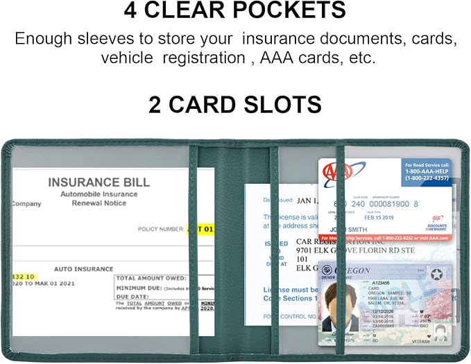 Car Registration and Insurance Holder, Vehicle Glove Box Car Organizer Men Women Wallet Accessories Case for Cards, Essential Document, Driver License, Dark Green