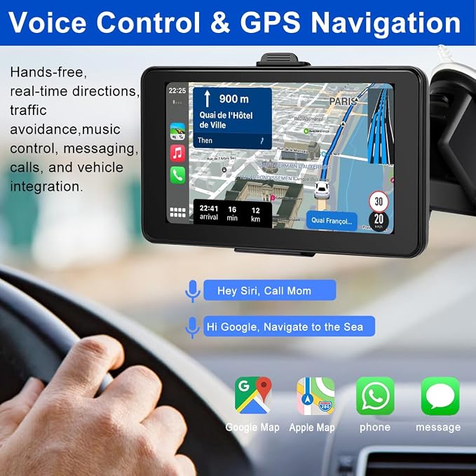 Portable Carplay Screen for Car Compatable with Apple CarPlay and Android Auto,Wireless Car Play Unit with GPS Navigation,Bluetooth,Mirror Link,Touch Screen for All Vehicles (7 Inch+Reverse Camera)
