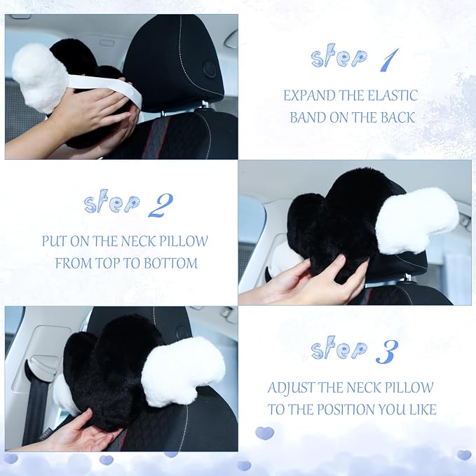 2 Pcs Plush Heart Shaped Pillow with Angel Wings Car Headrest Soft Comfortable Seat Pillow for Driving Travelling Room Office Car Decor, 19.7 x 8.3 Inch(Black)