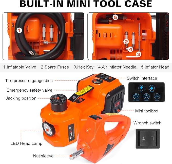 3-in-1 Electric Hydraulic Car Jack Kit – The Ultimate CarJack Electric for Effortless Tire Changing, Robust 5 Ton 12V Jack with LED & Impact Wrench, Designed for Cars, SUVs, and Trucks